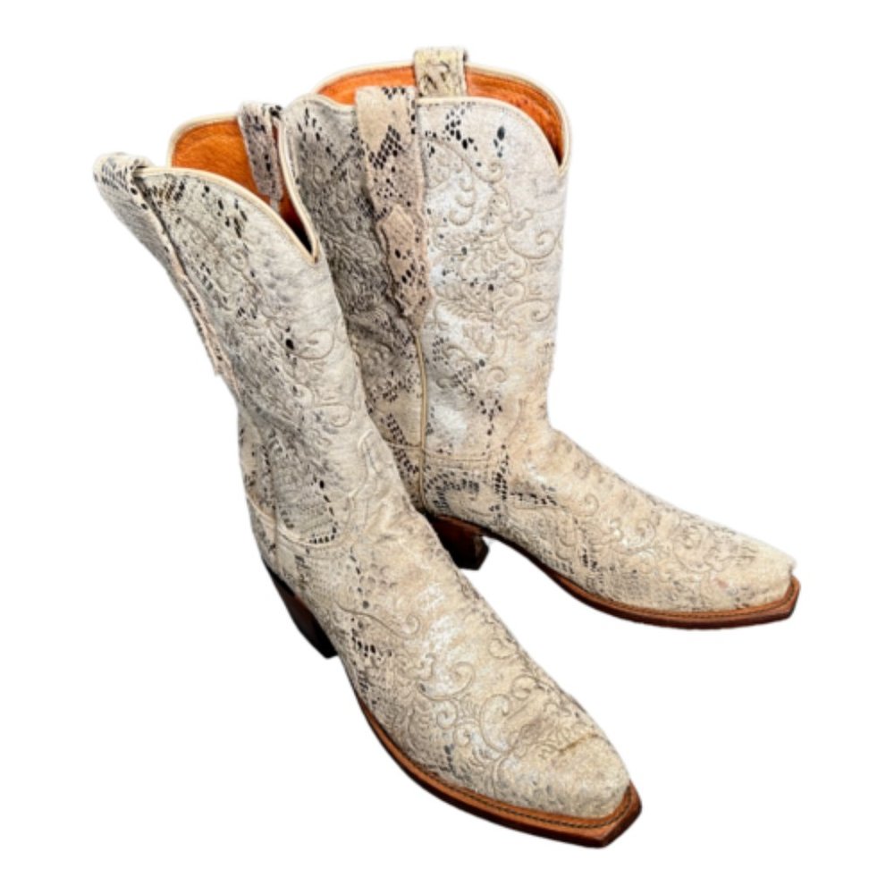 Lucchese 1883 Cowboy Boot Stone Gold Women 7 B Snip Toe Embroidered Python 4738